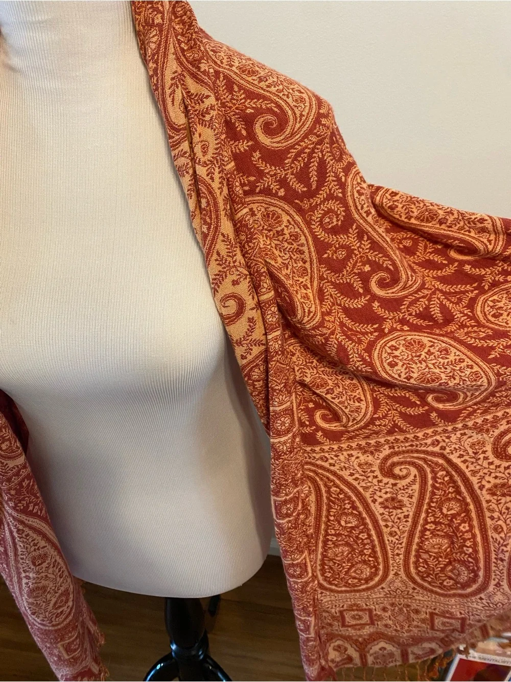 Vintage Rust Orange & Cream Paisley Pashmina Shawl with Fringe Trim